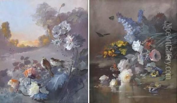 Gerbes De Fleurs Aux Oiseaux Et Aux Papillons Oil Painting - Louis-Leon-Eugene Billotey