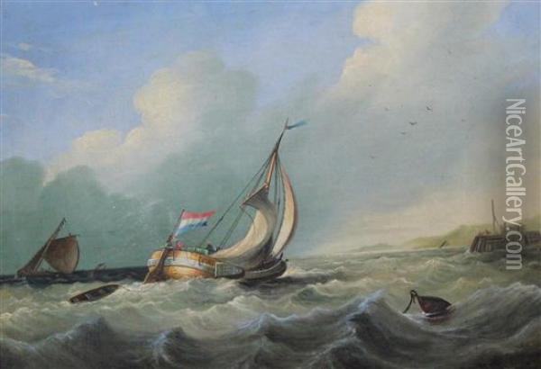 Dutch Sail Barges Off The Coast Oil Painting - Frederick Davis