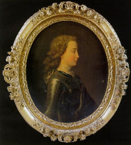 Portrait Of A Gentleman (prince Charles Edward Stuart?) In Armour And Ermine Trimmed Cape Oil Painting - Giles Hussey