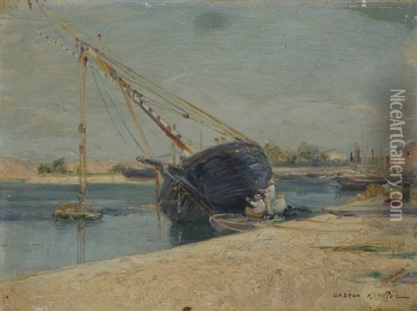 Bord De Seine, On Peint Son Bateau Oil Painting - Gaston Marie Anatole Roullet