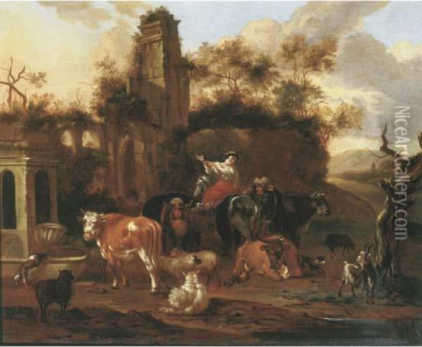 An Italianate Landscape With Shepherds And Their Cattle Near A Ruin Oil Painting - Michiel Carre