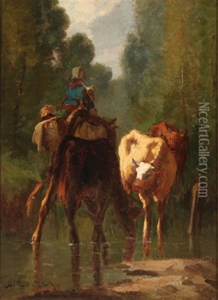 Watering Livestock (pair) Oil Painting - Antonio Cortes Cordero