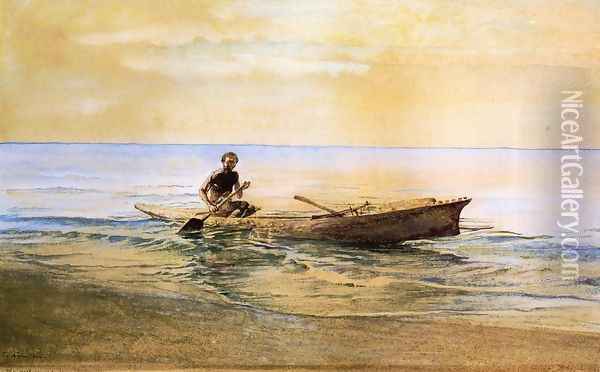 Man In Canoe Samoa Oil Painting - John La Farge