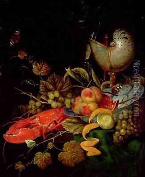 Still Life of Fruit Lobster and a Nautilus Cup Oil Painting - Ottmar The Elder Elliger