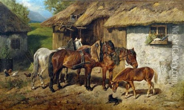 Angeschirrte Pferde Am Stallgebaude Oil Painting - Hermine Biedermann-Arendts
