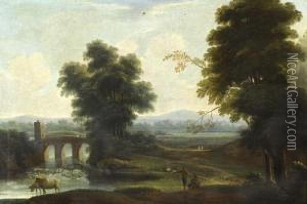 Peasants Grazing Their Cattle Before An Italianate Landscape With A Bridge In The Distance Oil Painting - Pierre-Antoine Patel