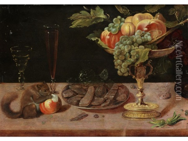 Stillleben Mit Fruchtschale, Zuckergeback, Glasern Und Einem Eichhornchen Oil Painting - Sebastian Stosskopf