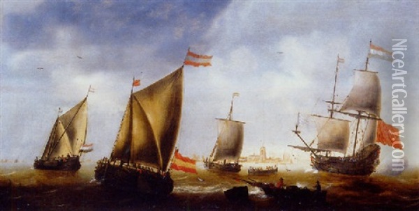Navire De Haut Bord, Barques Et Voilliers Sous Le Vent Devant Une Ville Oil Painting - Jacob Adriaenz. Bellevois