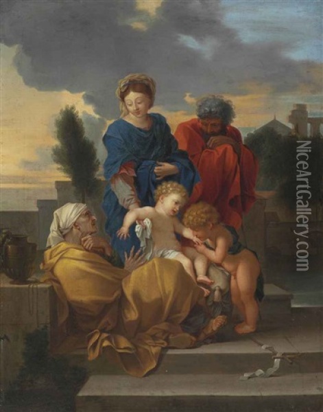 The Holy Family With Saint Elizabeth And The Infant Saint John The Baptist Oil Painting - Sebastien Bourdon