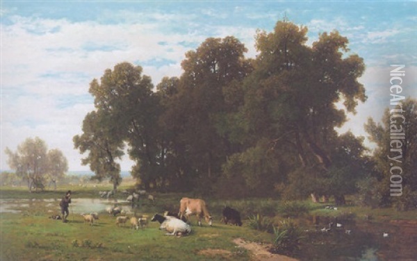 A River Landscape With A Shepherd And His Flock Resting Oil Painting - Frans Keelhoff