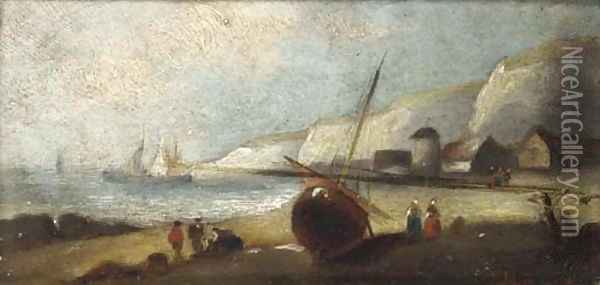 Unloading at low tide on the Britanny coast; and A Britanny fishing village Oil Painting - Charles Euphrasie Kuwasseg
