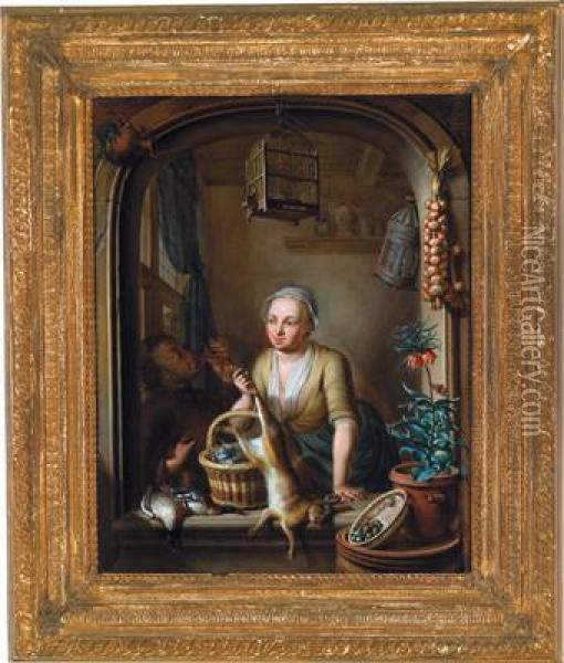 Una Donna Che Scherza In Cucina Con Una Lepre Oil Painting - Nicolaas Reyers