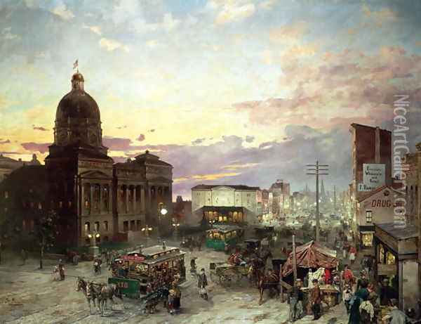 Washington Street Indianapolis at Dusk Oil Painting - Theodor Groll