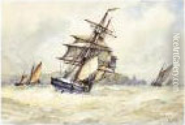 Shipping In Full Sail Oil Painting - Frederick James Aldridge