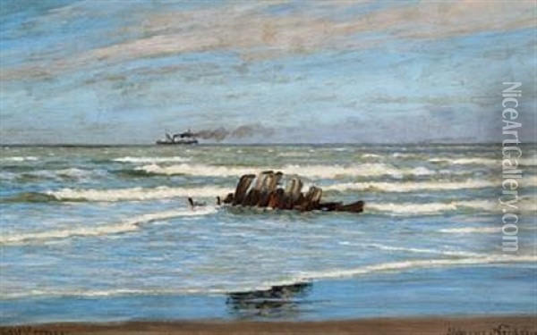 Steamship Off The Coast Oil Painting - Carl Ludvig Thilson Locher
