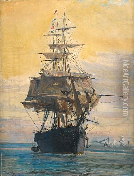 An Iron Windjammer Lying At Anchor And Drying Her Sails Oil Painting - William Lionel Wyllie