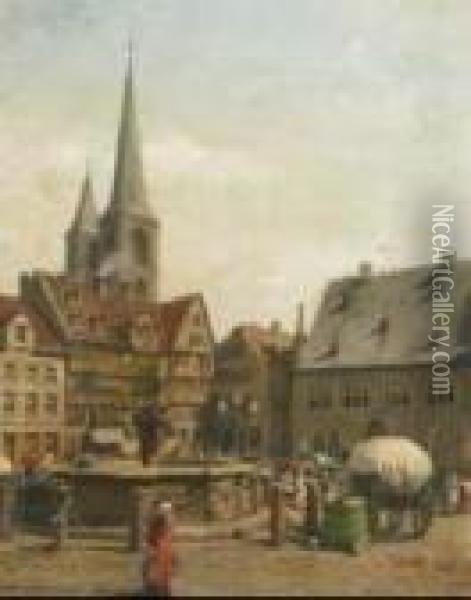 Market At Halberstadt Oil Painting - Albert Schwendy