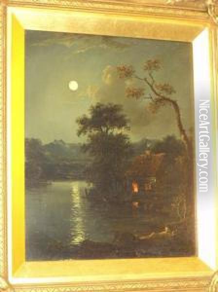 Moonlit River Scene With Cottage On The Riverbank, Together With Another, Coastal Scene With Fisherfolk Atsunset, A Pair Oil Painting - Charles Morris