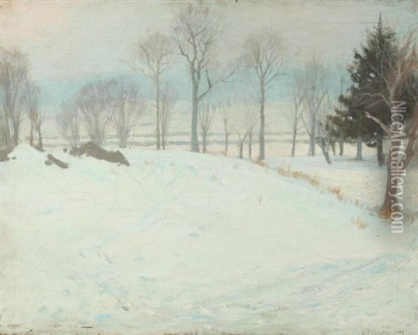 Snow Scene Near Greenwich, Connecticut, Fairfield, County Oil Painting - John Henry Twachtman