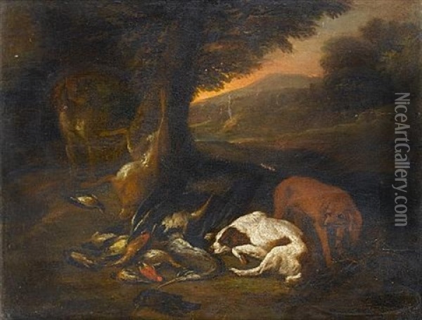 Spaniels Beside A Dead Heron, Finches And Hare In A Landscape (+ A Hound And A Spaniel With Dead Ducks, Finches And Hare In A Landscape With A Huntsman Resting Nearby; Pair) Oil Painting - Adriaen de Gryef