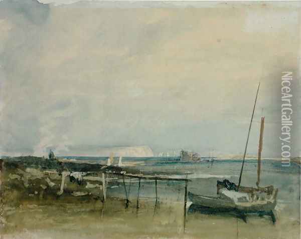 Coast Scene with White Cliffs and Boats on Shore Oil Painting - Joseph Mallord William Turner