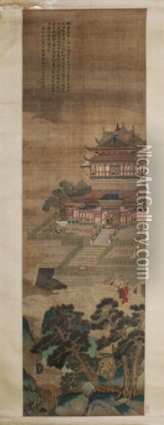 Scroll Painting Of A Palace In Moonlight, 19th Century Oil Painting -  Yu Zhiding
