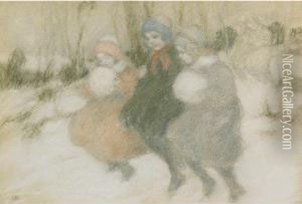Children In The Snow Oil Painting - Charles Ernest Debelle