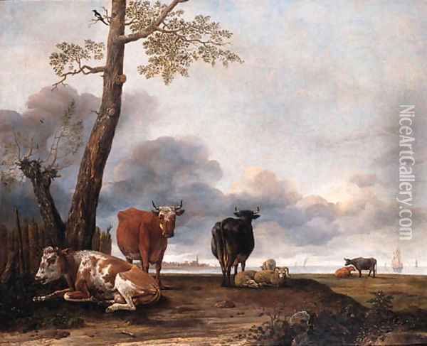 Cattle and sheep by a tree on a river bank, shipping beyond Oil Painting - Anthonie Cornelisz. Van Borssom