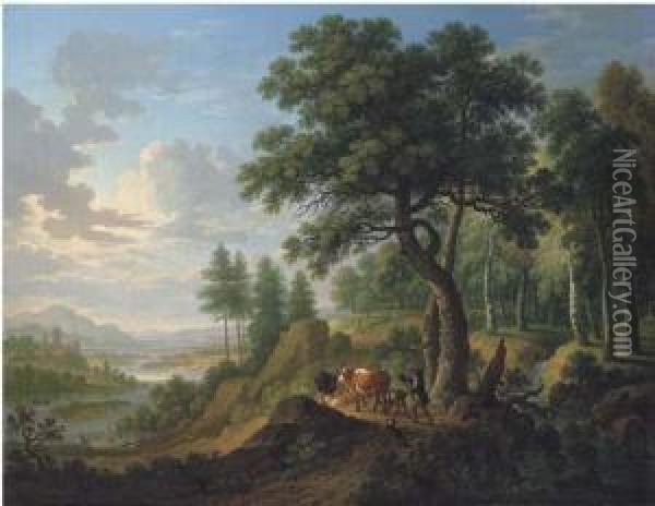 Paesaggio Boschivo Con Pastore E Armenti Oil Painting - Heinrich Hirt