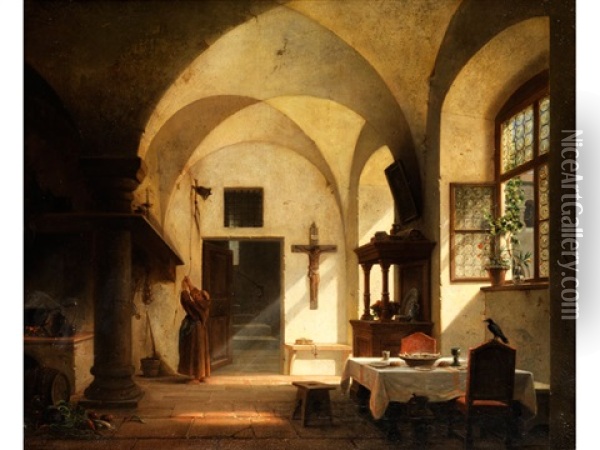 Interieur Einer Klosterkuche Mit Einem Monch, Der Zum Essen Lautet Oil Painting - Karl Gaertner