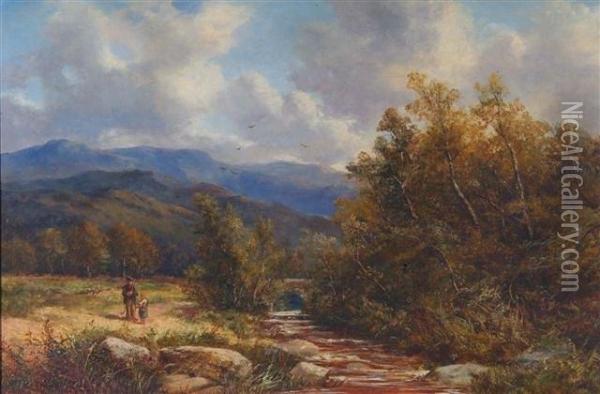 A Scottish Mountainous Landscape With Angler And Childon A River Bank Oil Painting - David Bates