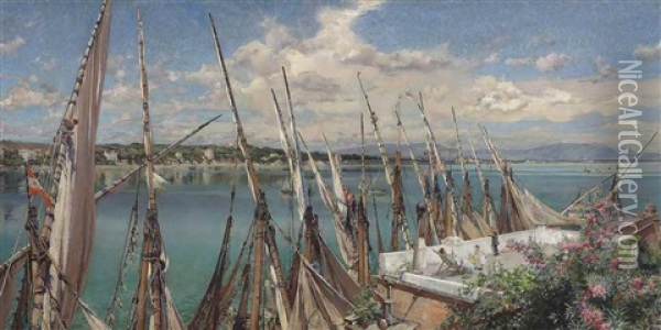 Sails At Porto D'anzio Oil Painting - Francisco Pradilla y Ortiz