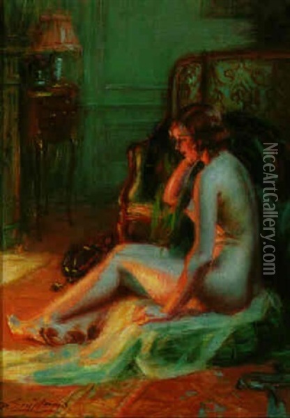 Warming Up By The Fire Oil Painting - Delphin Enjolras