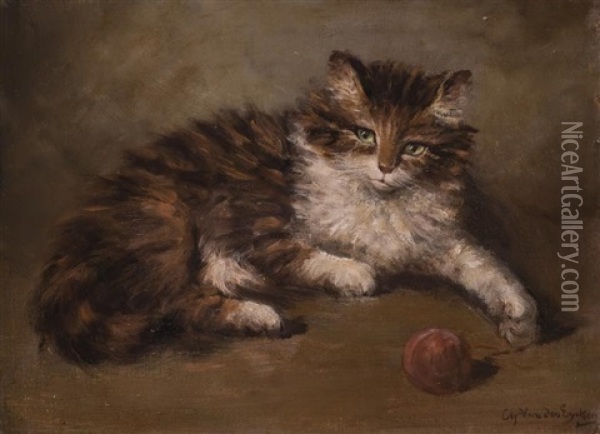 Getiegerte Katze Mit Wollknauel Oil Painting - Charles van den Eycken I