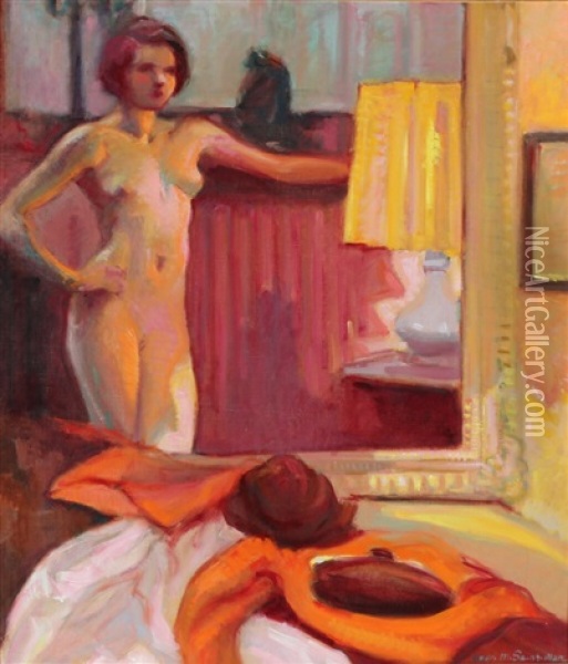 Model Standing In Front Of Mirror Oil Painting - Andre Meaux-Saint-Marc