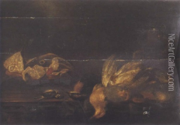 Oiseaux Et Poissons Sur Un Entablement Oil Painting - Alexander Adriaenssen the Elder