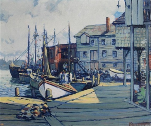On The Docks, Gloucester Oil Painting - Sidney Miller Wiggins