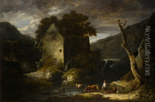 A Wooded River Landscape With Drovers Oil Painting - Benjamin (of Bath) Barker