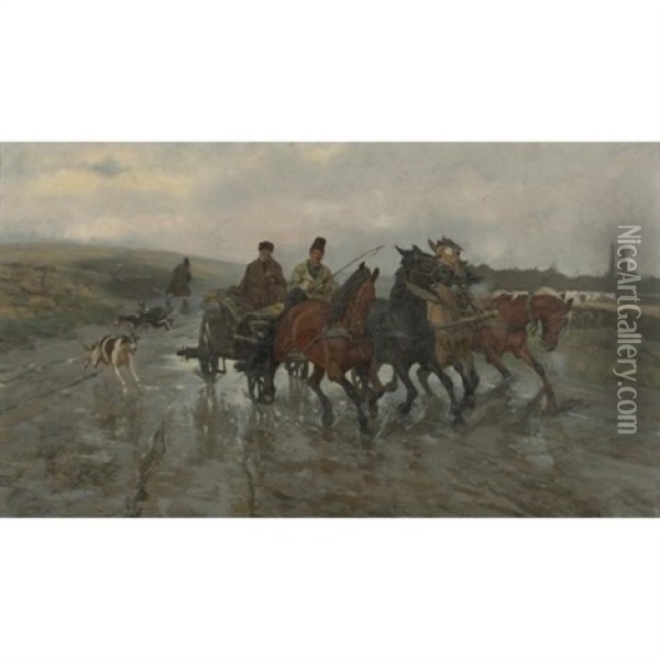 Four Horse Wagon On A Rainy Day Oil Painting - Josef Chelmonski