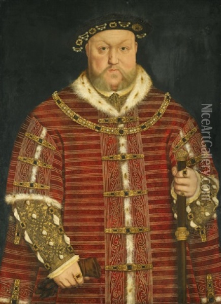 Portrait Of King Henry Viii, Half-length, Wearing A Richly Embroidered Red Velvet Surcoat, Holding A Staff Oil Painting - Hans Holbein the Younger