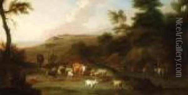 Sudliche Flusslandschaft Mit Vieh Und Hirten An Einer Furt Oil Painting - Loutherbourg, Philippe de