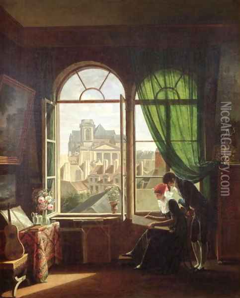 View of Saint Eustache Church from a House on Rue Platriere or The Artist's Interior 1810 Oil Painting - Martin Drolling
