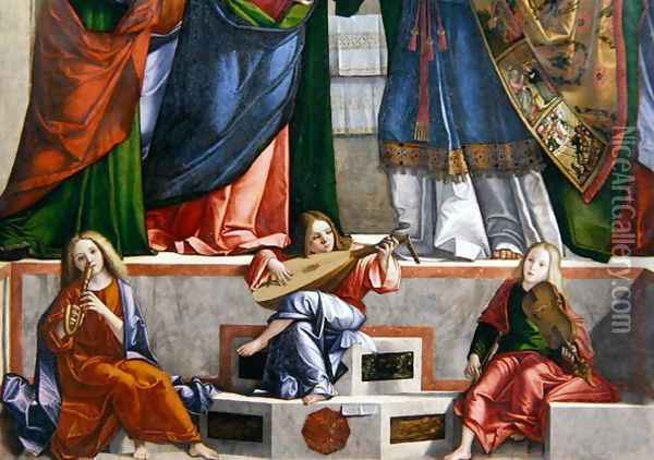 Musical Angels from the Presentation of Christ in the Temple, 1510 (detail) Oil Painting - Vittore Carpaccio