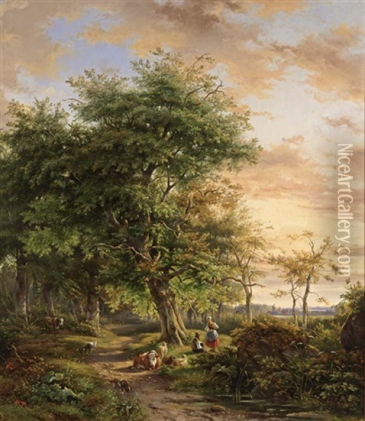 Travellers On A Path In A Wooded Landscape Oil Painting - Johannes Gijsbertus van Ravenswaay