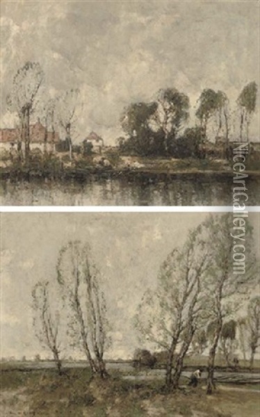 A Figure On A River Bank With Cottages Beyond (+ A Figure On A Riverside Track; Pair) Oil Painting - William Alfred Gibson