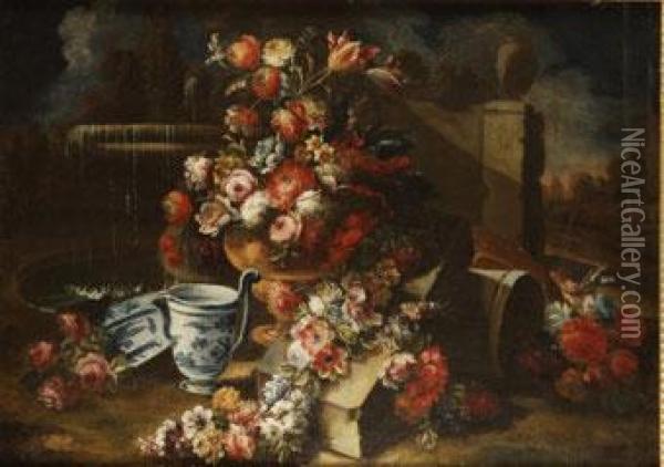 Jarron De Flores Con Guirnaldas Junto A Una Fuente En Un Jardin Oil Painting - Francesco Antonio Altobello