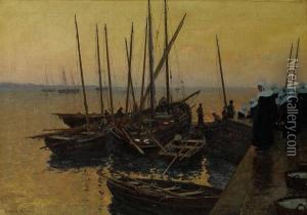 Fishing Boats Along A Pier At Sunset Oil Painting - Lionel Walden