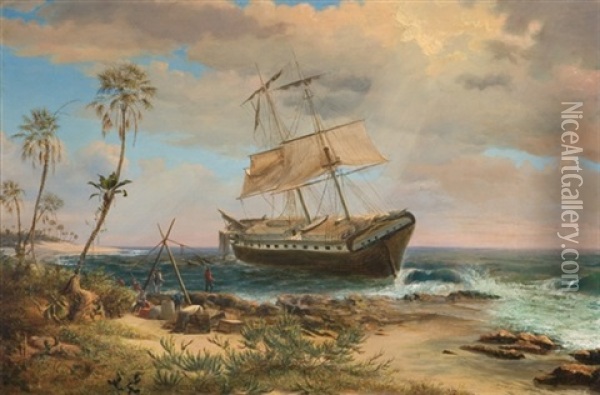 Wreck Of The "caspian," Cuba Oil Painting - Charles DeWolf Brownell