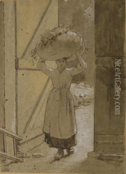 Femme Portant Un Ballot De Foin Sur La Tete Oil Painting - Louis Emile Adan