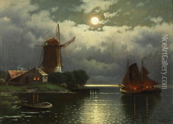 Dutch River Landscape With Windmill And Fishing Boats At Full Moon Oil Painting - Catharina De Groot